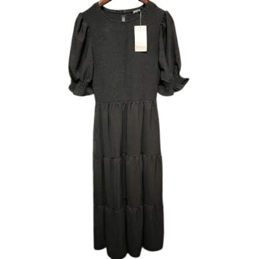 Black Smocked Tiered Maxi Dress Puff Sleeve Womens Dress‎